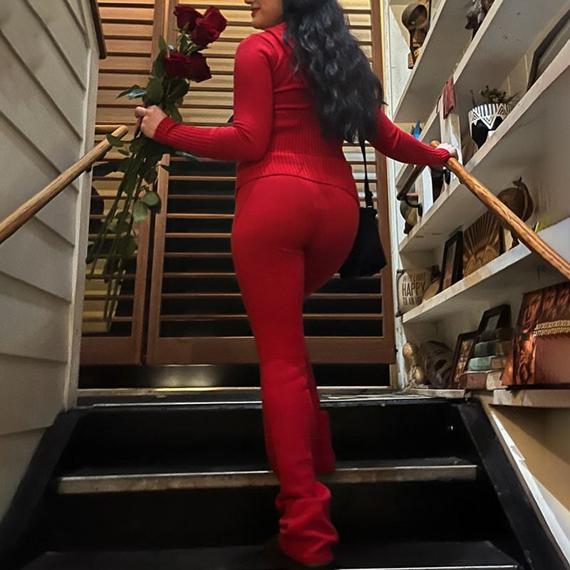 Zip Long Sleeve Sweater & High Waist Long Pants