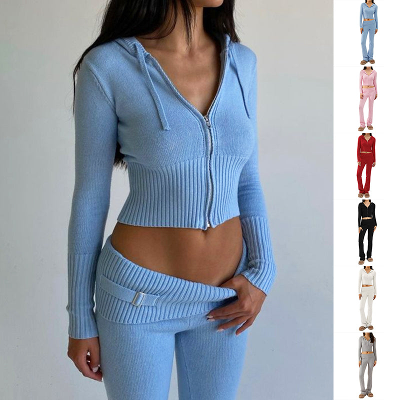 Zip Long Sleeve Sweater & High Waist Long Pants