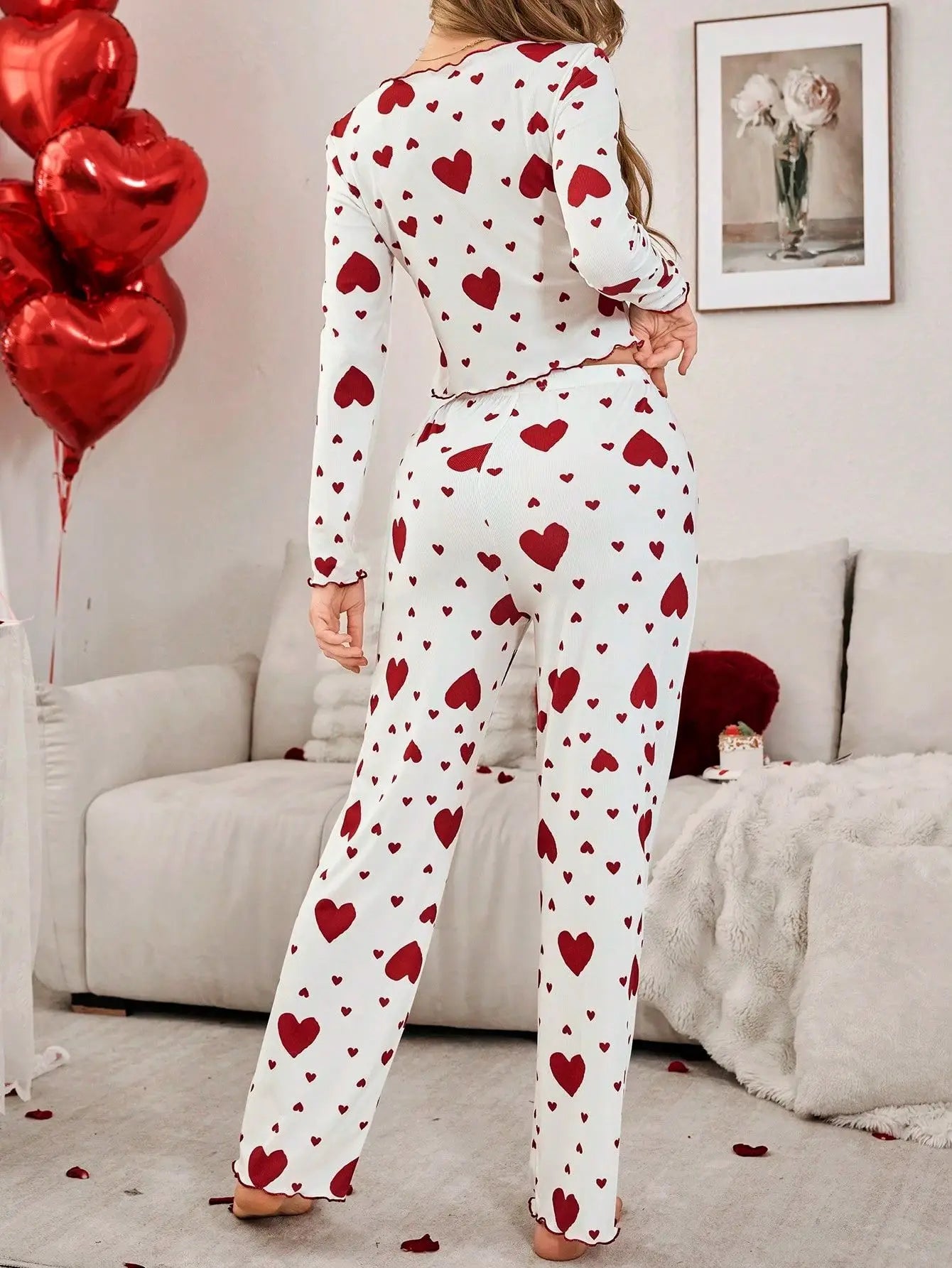 2 Pieces Pajamas Sets for Women Sleepwear Heart Print