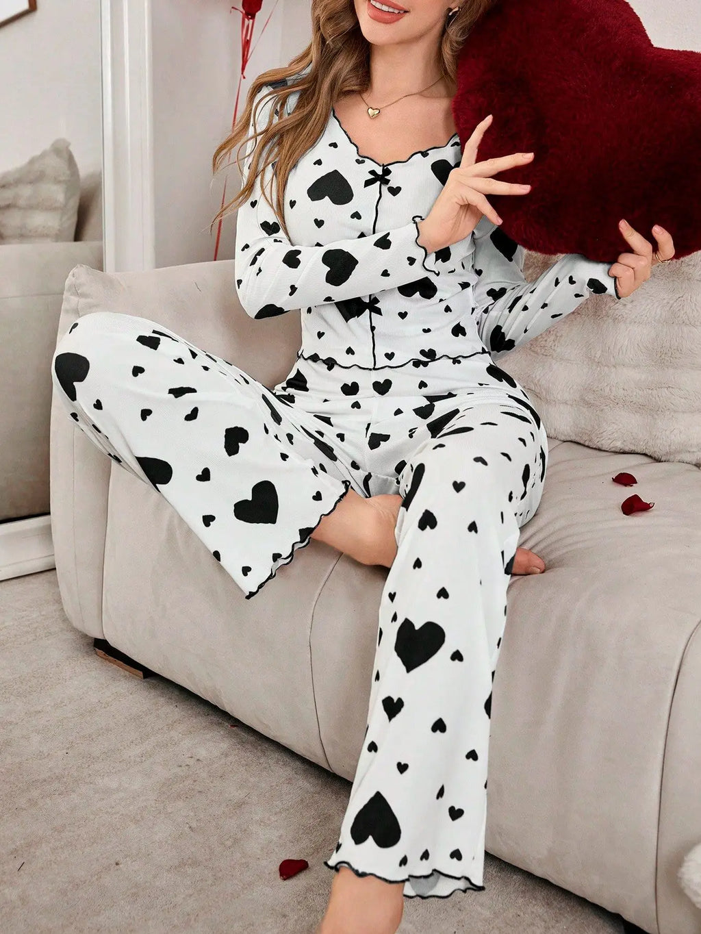 2 Pieces Pajamas Sets for Women Sleepwear Heart Print