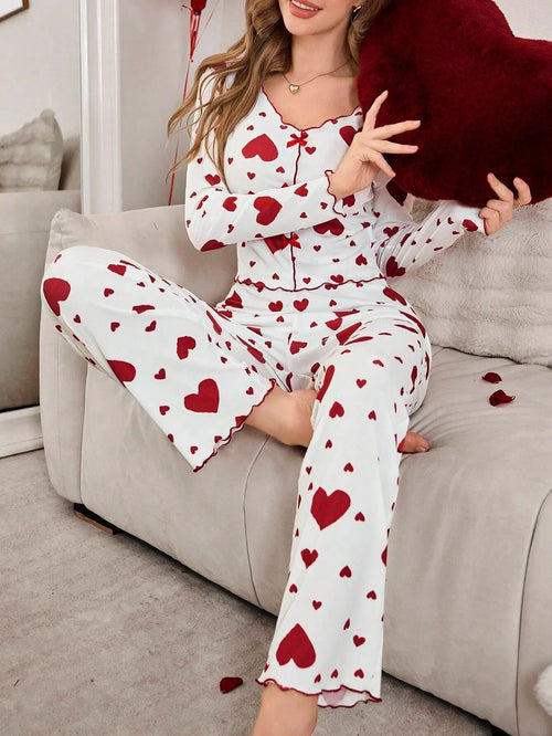 2 Pieces Pajamas Sets for Women Sleepwear Heart Print
