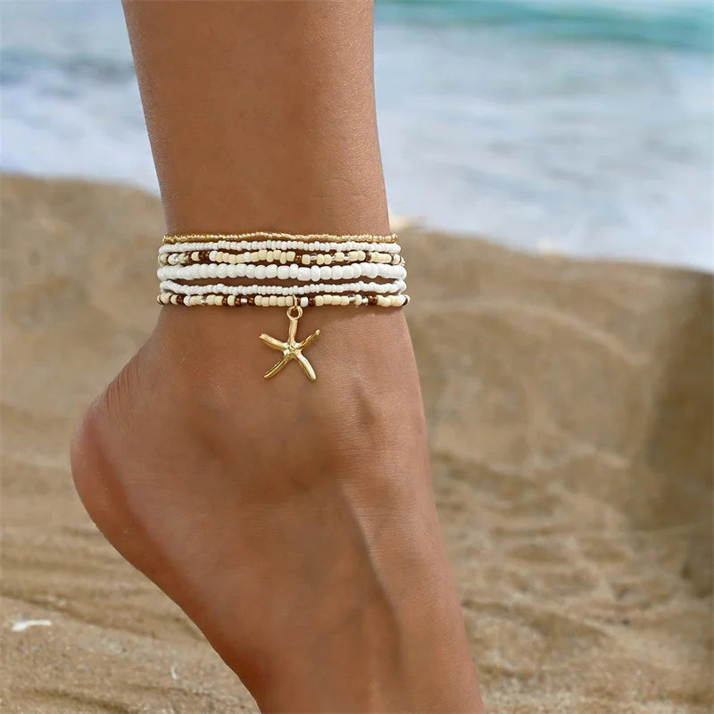 Multilayer Rice Bead Anklet Set
