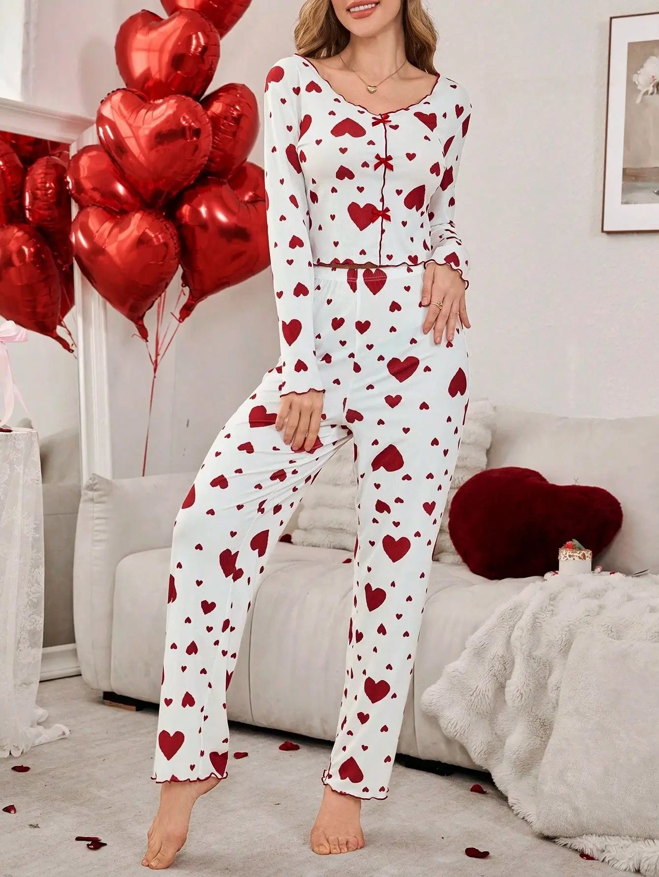 2 Pieces Pajamas Sets for Women Sleepwear Heart Print