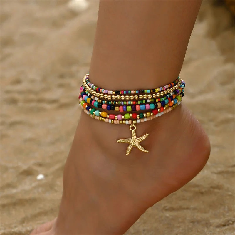 Multilayer Rice Bead Anklet Set