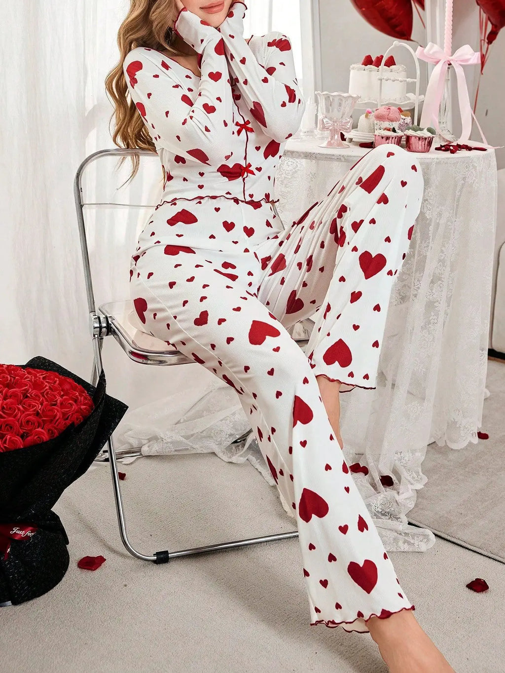 2 Pieces Pajamas Sets for Women Sleepwear Heart Print