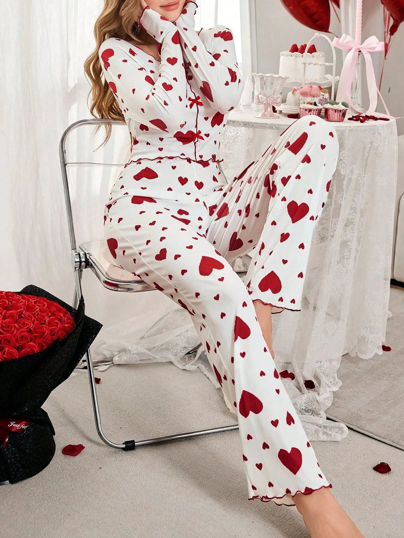 2 Pieces Pajamas Sets for Women Sleepwear Heart Print