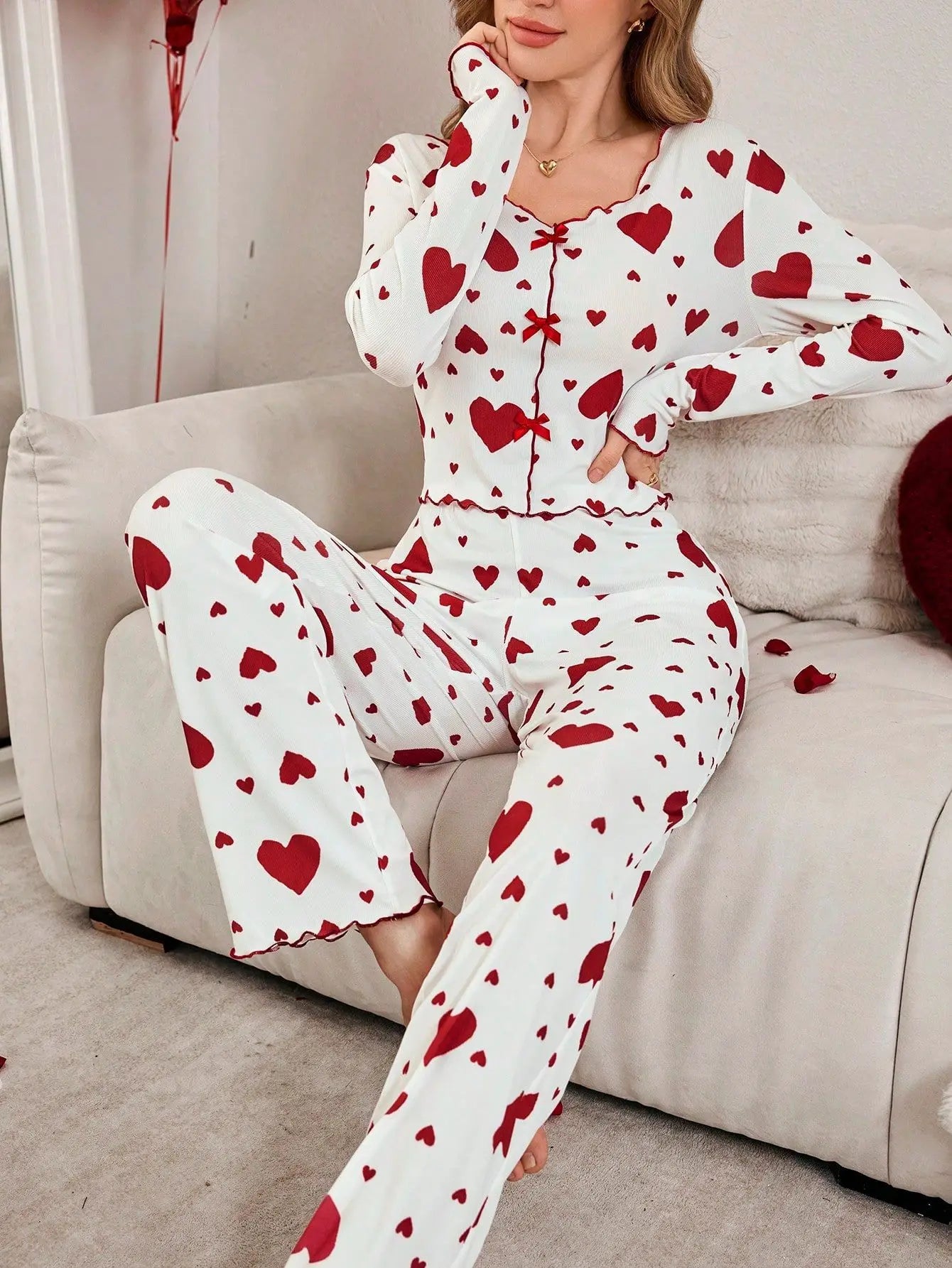 2 Pieces Pajamas Sets for Women Sleepwear Heart Print