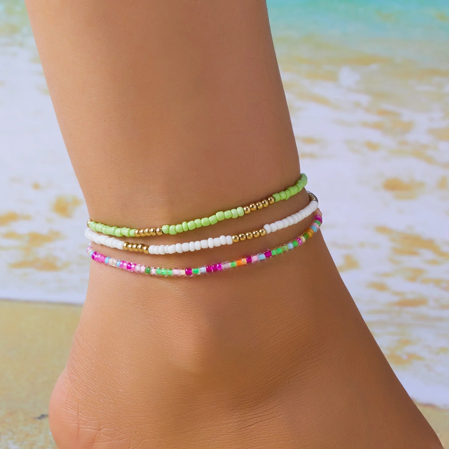 Multilayer Rice Bead Anklet Set