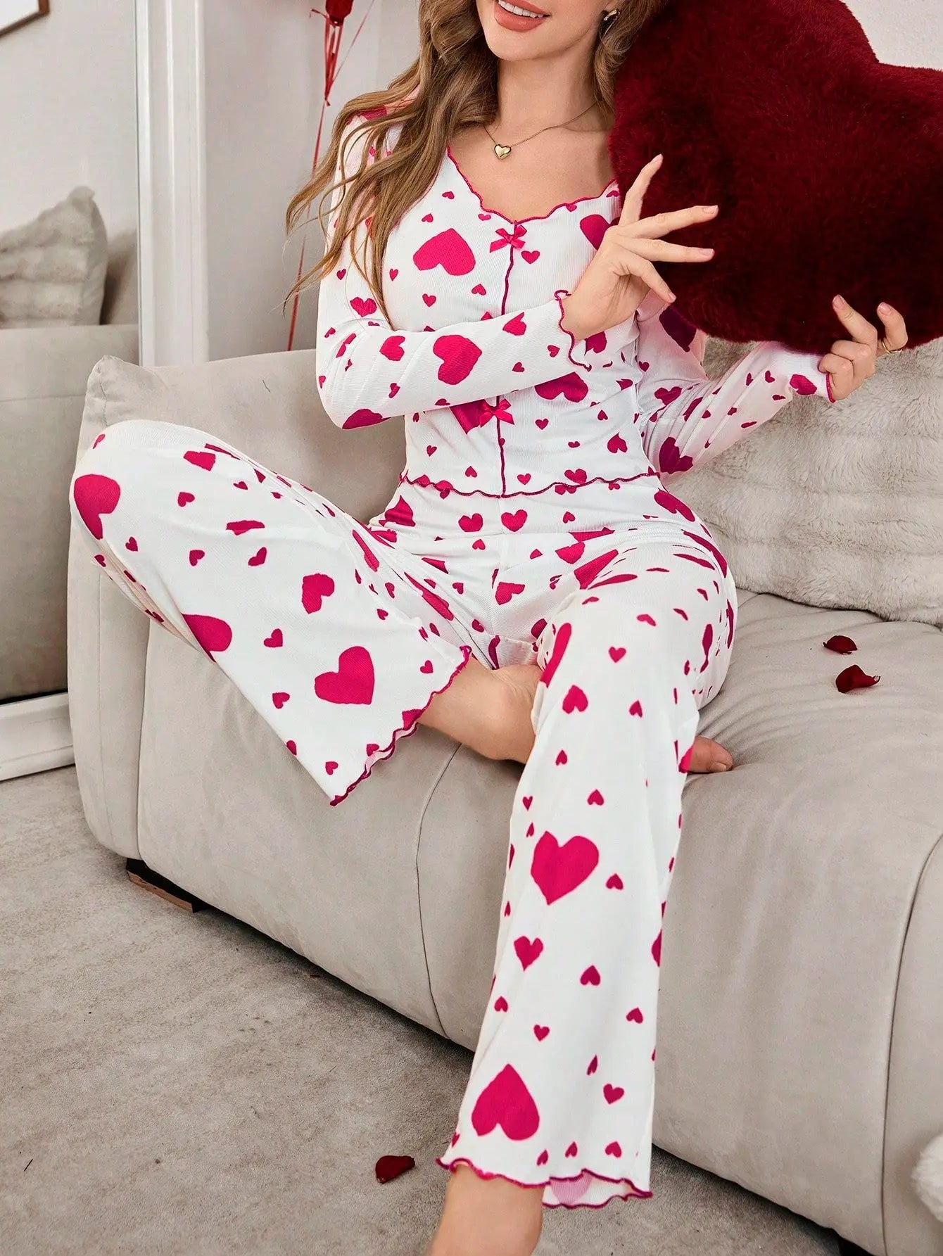 2 Pieces Pajamas Sets for Women Sleepwear Heart Print