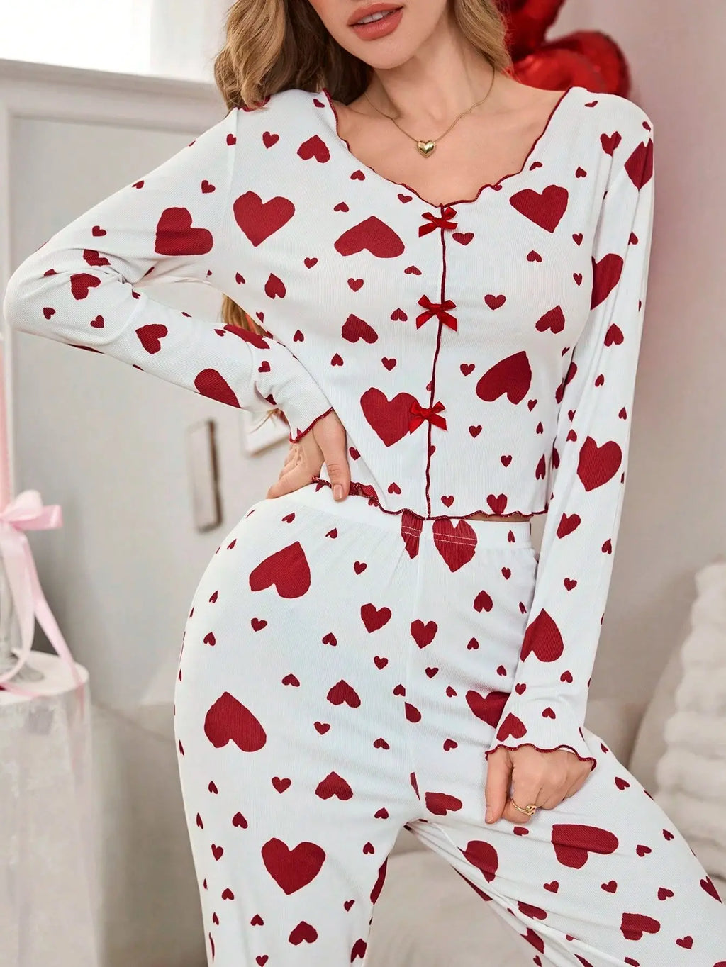2 Pieces Pajamas Sets for Women Sleepwear Heart Print