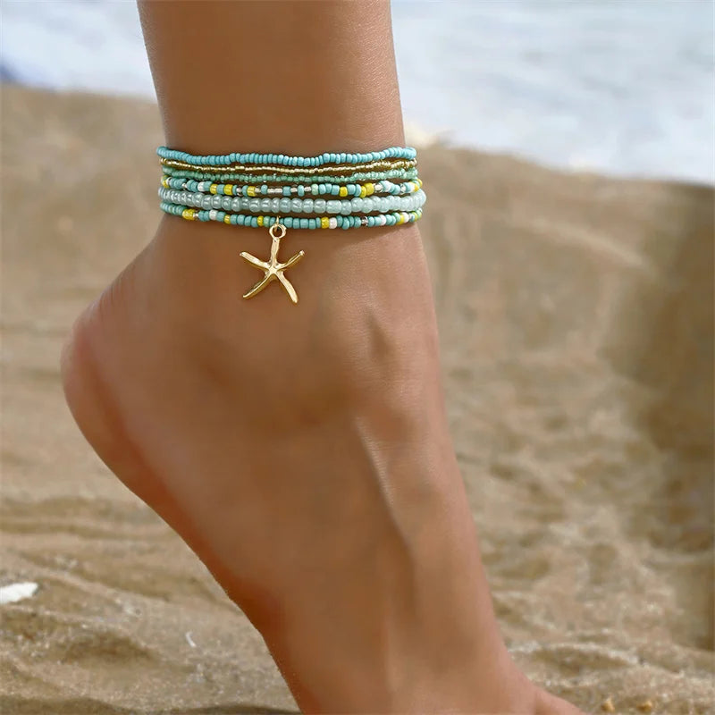 Multilayer Rice Bead Anklet Set